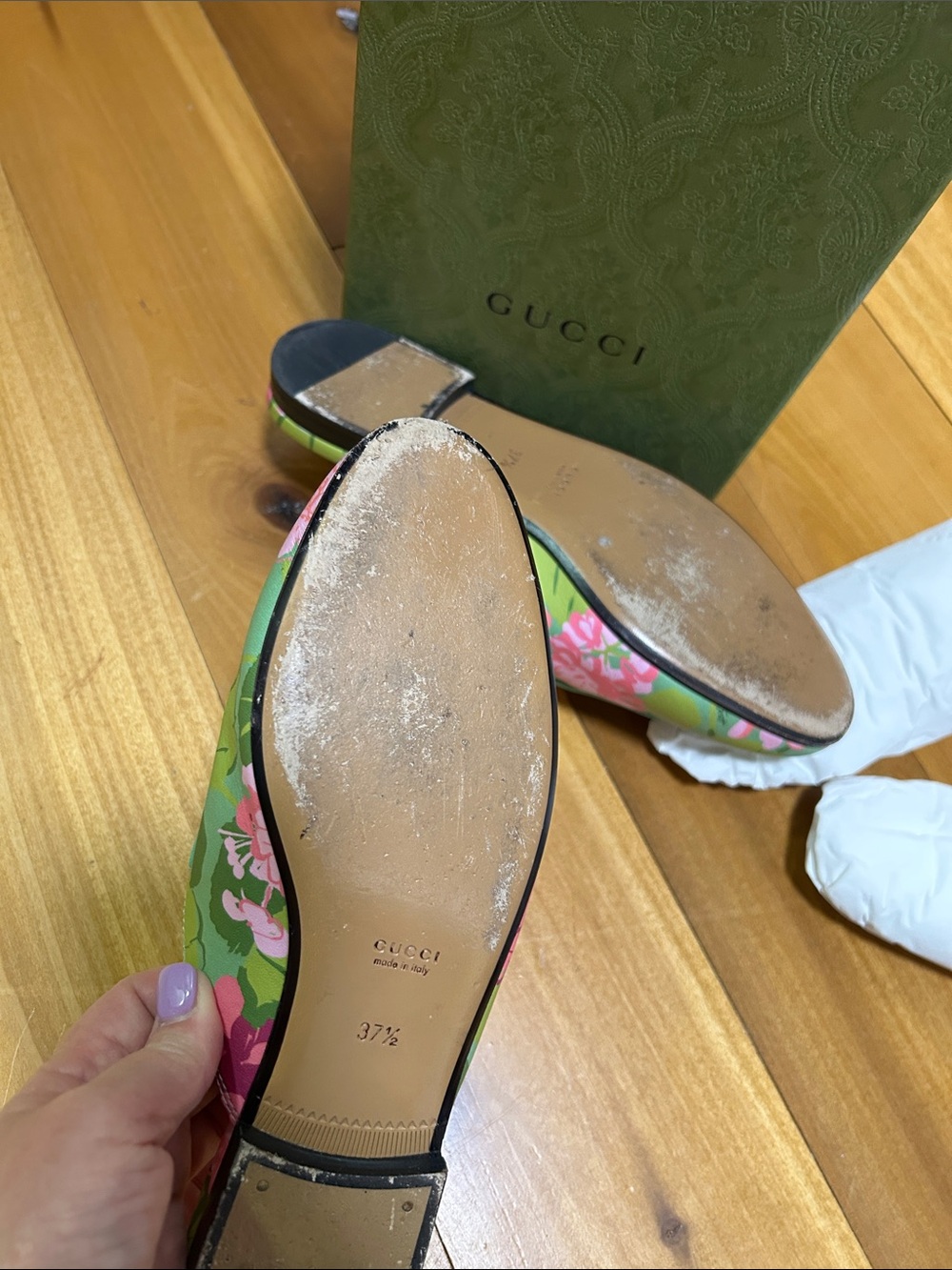 Gucci Green Floral Leather Horsebit Loafers - Picture 5 of 12